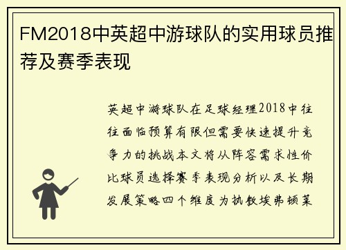 FM2018中英超中游球队的实用球员推荐及赛季表现