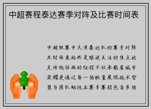 中超赛程泰达赛季对阵及比赛时间表